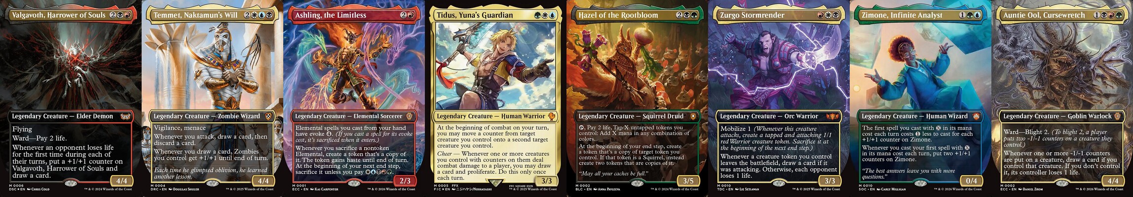 Best Commander Precons 2026 - Top commanders including Valgavoth, Temmet, Ashling, Tidus, Hazel, Zurgo, Zimone, and Auntie Ool