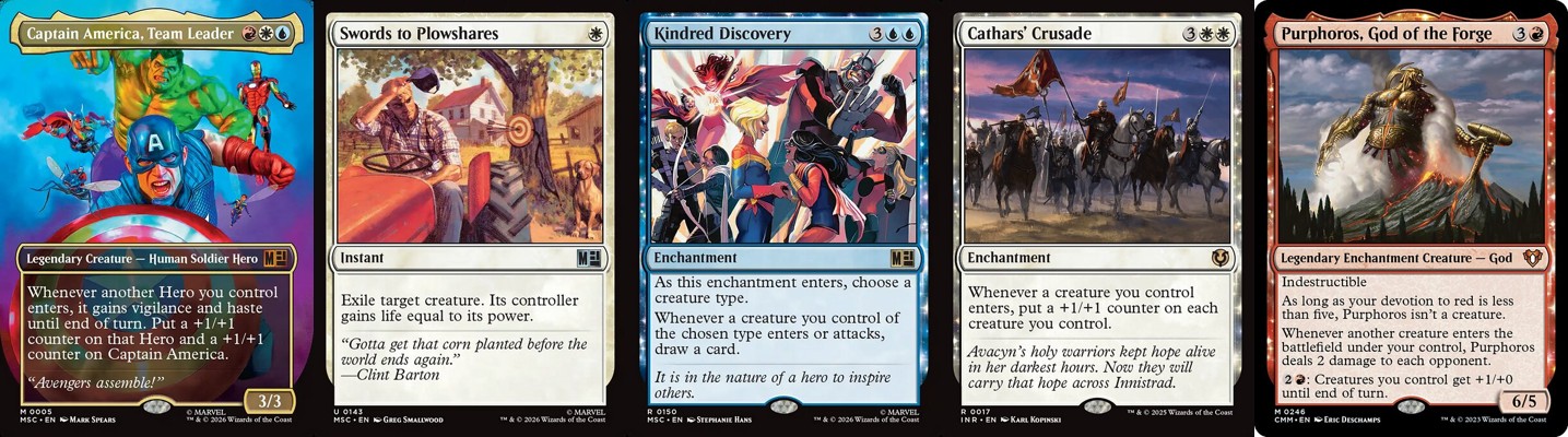 Captain America, Team Leader and other Magic: The Gathering cards from the Avengers Assemble Commander precon upgrade guide