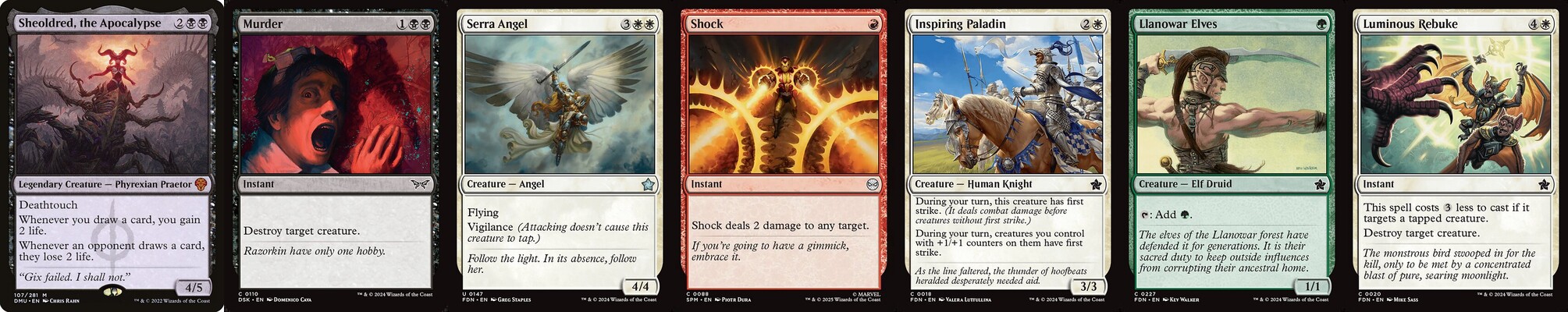 Magic: The Gathering cards illustrating draft strategy - Sheoldred, Murder, Serra Angel and more