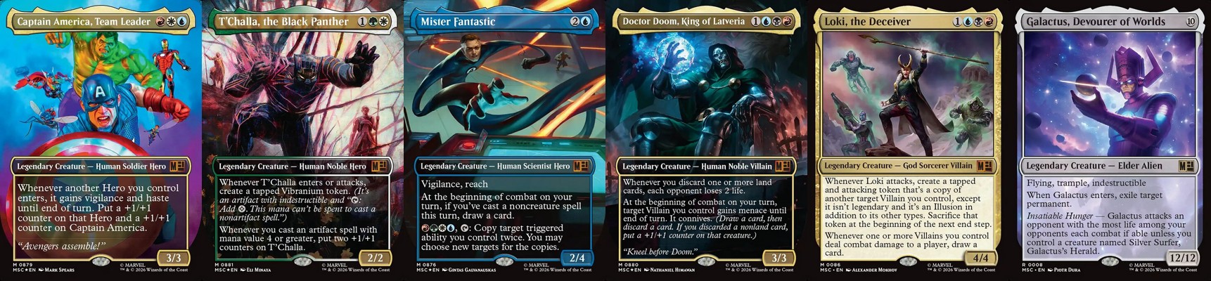 Marvel Super Heroes Commander deck banner showing Captain America Team Leader, T'Challa the Black Panther, Mister Fantastic, Doctor Doom King of Latveria, Loki the Deceiver, and Galactus Devourer of Worlds