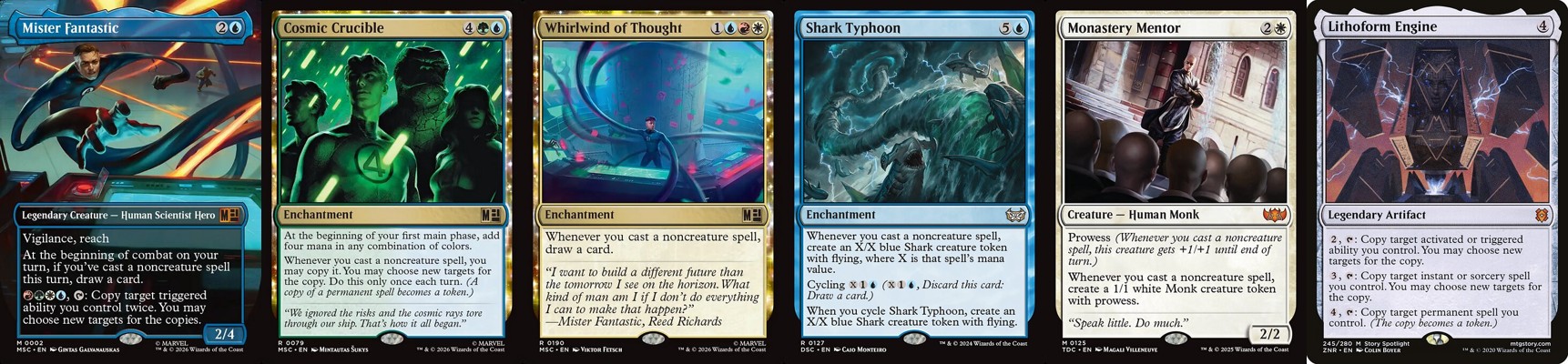 Mister Fantastic and featured upgrade cards for the Fantastic Four Commander precon deck