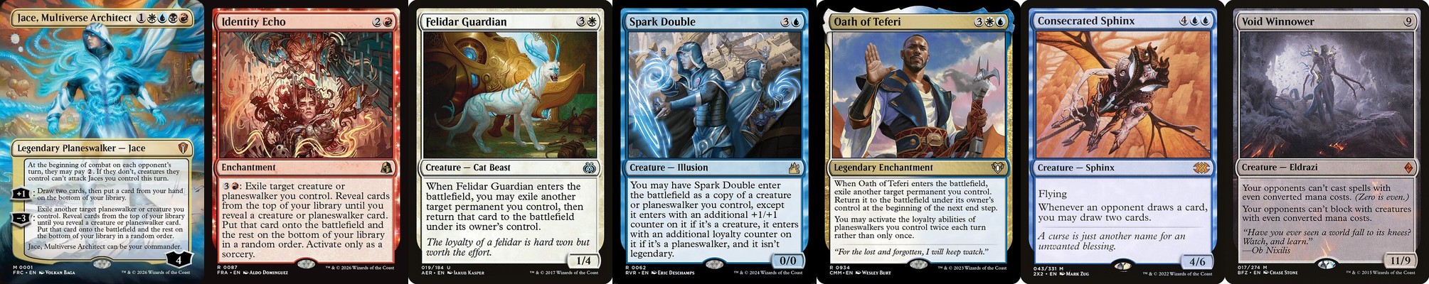 Multiverse Reforged upgrade guide: Jace, Multiverse Architect with Identity Echo, Felidar Guardian, Spark Double, Oath of Teferi, Consecrated Sphinx and Void Winnower