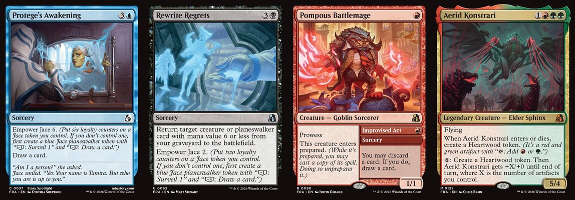 Reality Fracture key cards: Protege's Awakening, Rewrite Regrets, Pompous Battlemage, and Aerid Konstrari