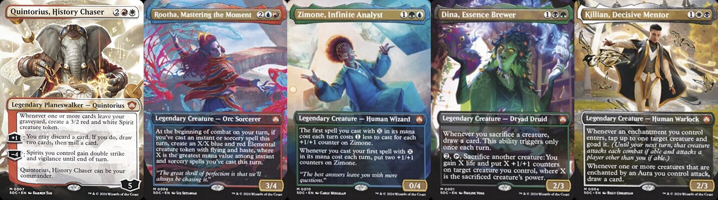 The five face commanders of the Secrets of Strixhaven Commander precon decks