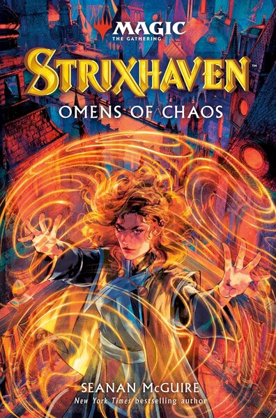 Strixhaven: Omens of Chaos book cover - Eula Blue casting shield magic at Strixhaven University