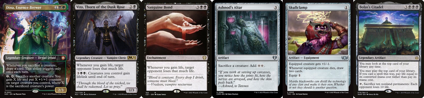 Witherbloom Pestilence upgrade guide hero banner showing Dina Essence Brewer, Vito Thorn of the Dusk Rose, Sanguine Bond, Ashnod's Altar, Skullclamp, and Bolas's Citadel